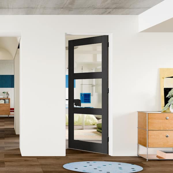 24 in. x 80 in. 3 Lite, Clear Glass Black Composite MDF Prehung Interior Door Right-Handed with Jamb and Hardware Kit