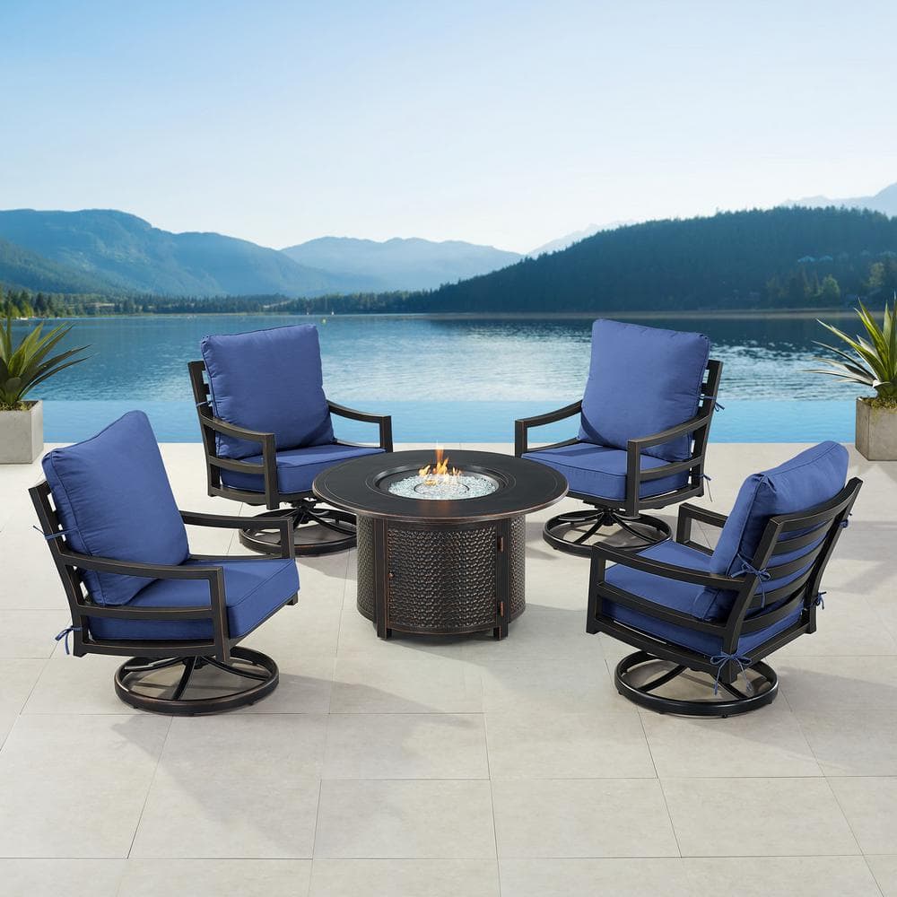 Black 7-Piece Aluminum Patio Fire Pit Set with 4-Club Chairs Blue Cushions price history on PriceWatchPro