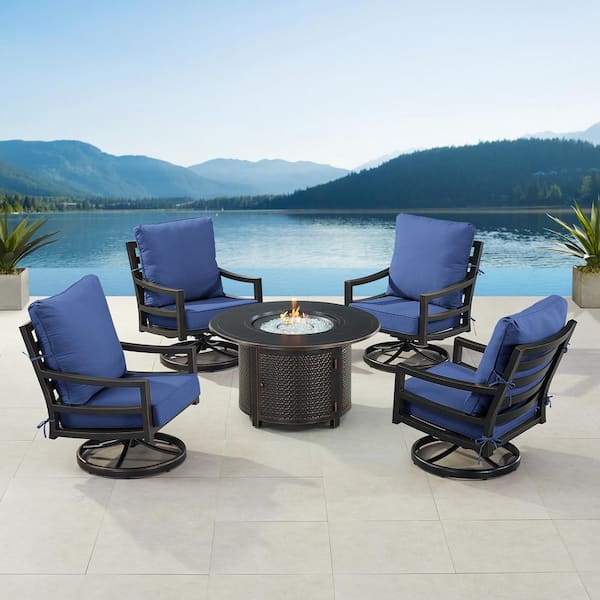 Oakland Living Black 7-Piece Aluminum Patio Fire Pit Set with 4-Club Chairs Blue Cushions