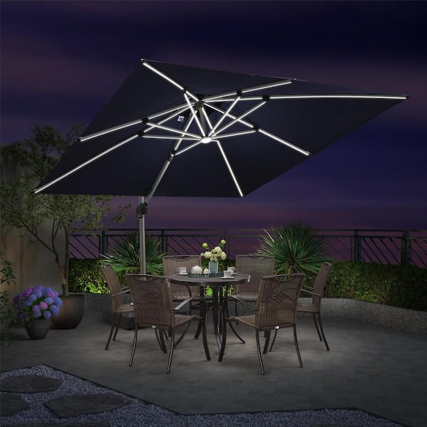 PURPLE LEAF 10 ft. Square Aluminum Solar Powered LED Patio Cantilever Offset Umbrella with Stand, Navy Blue