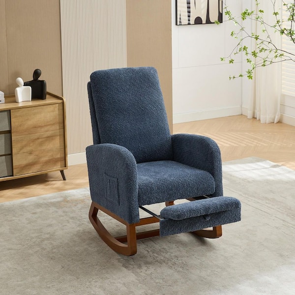 25.4 in. Navy Boucle High Back Fabric Rocking Chair with Retractable Footrest and Side Pocket for Living Room, Bedroom