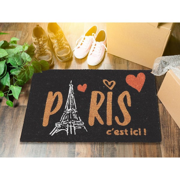 Paris C'est Ici Black 16 in. x 24 in. Coconut Sheltered Front Door Mat