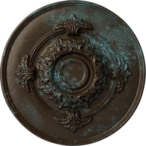 Ekena Millwork 13-3/4" x 1" Monique Urethane Ceiling Medallion (Fits Canopies upto 3-3/4"), Hand-Painted Bronze Blue Patina