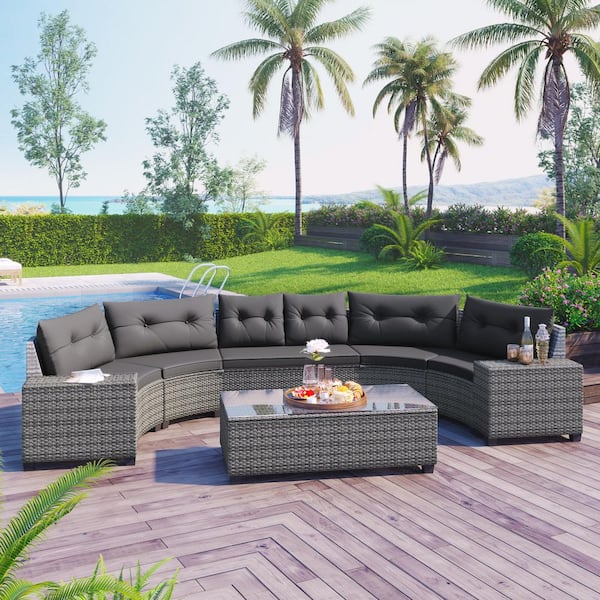 Oyezvary Half-Moon Gray Wicker Outdoor Sectional Set Sofa with Gray Cushions and Rectangular Coffee Table