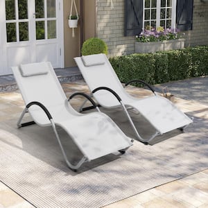 Outdoor Metal Patio Chaise Lounge Chairs with Headrest in Light Gray (Set of 2)