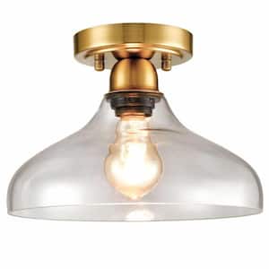 10.23 in. 1-Light Gold Modern Semi-Flush Mount with Clear Glass Shade and No Bulbs Included 1-Pack