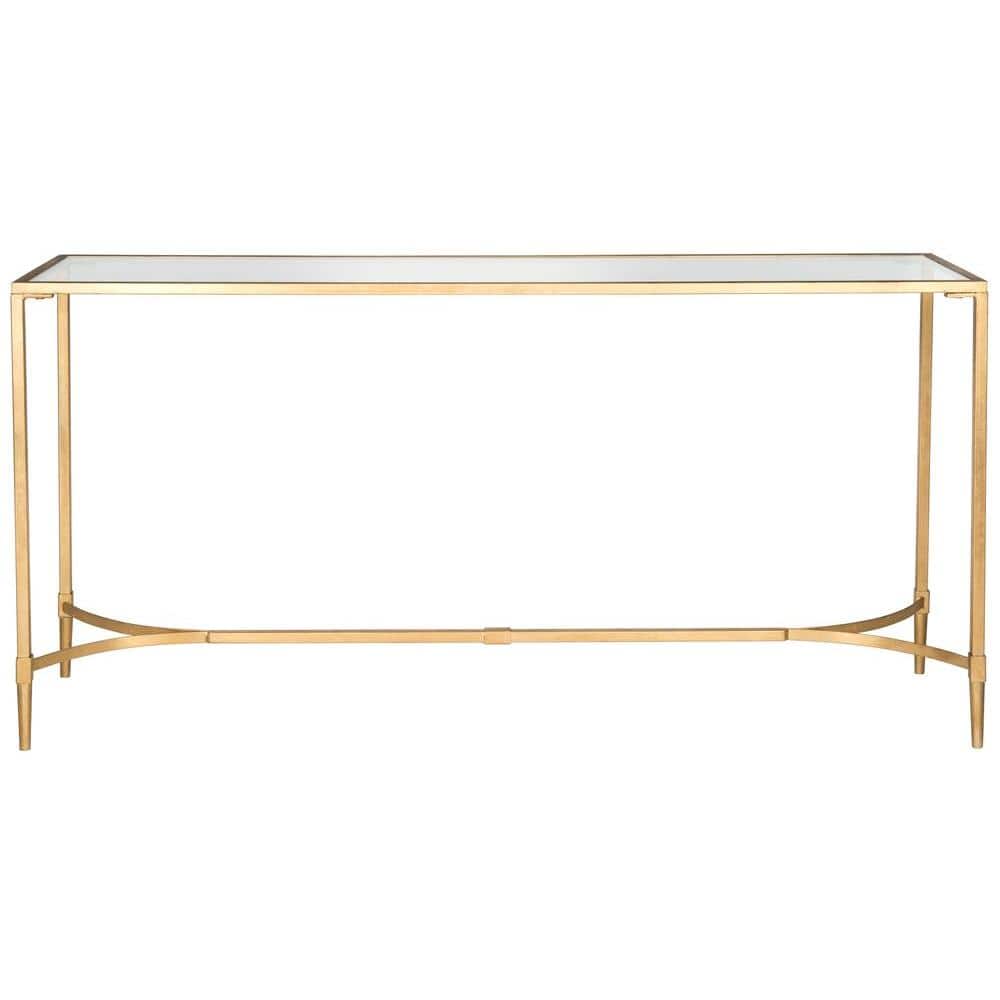 Elegant Transitional Gold Iron & Glass Rectangular Console Table with Storage