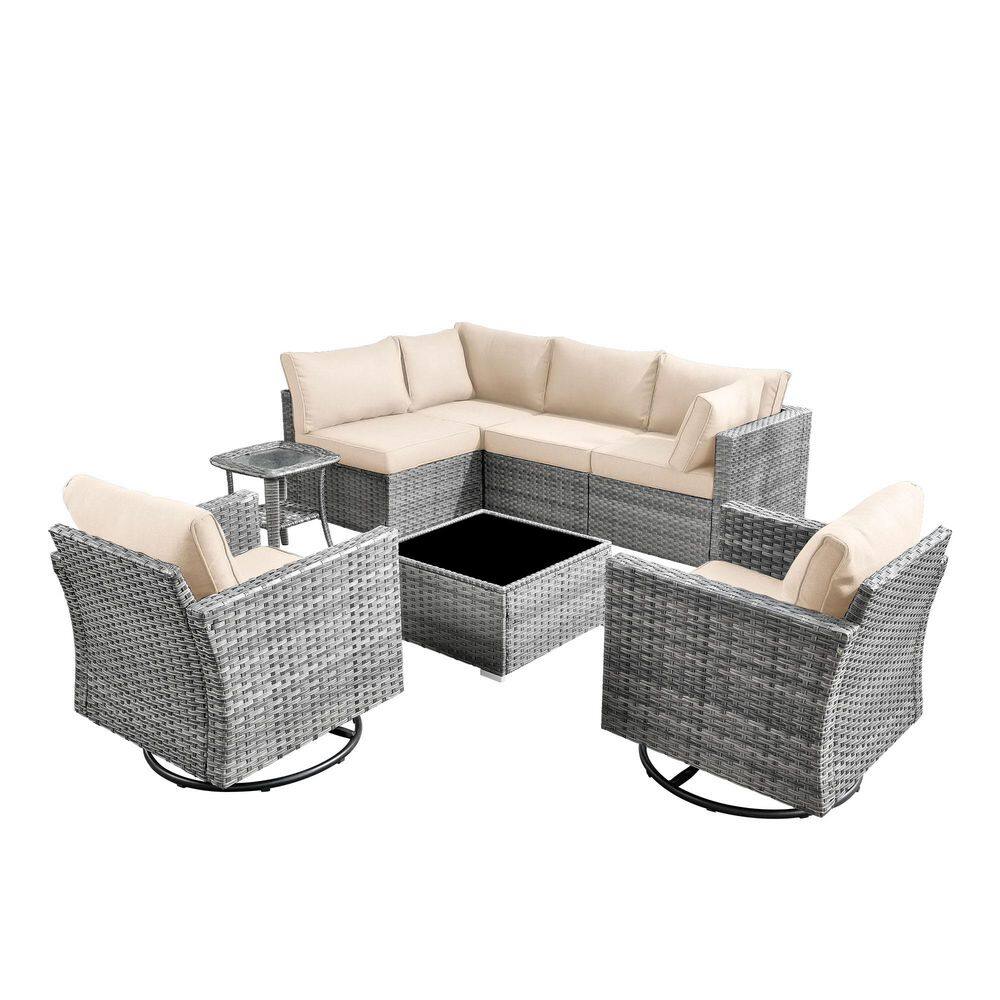 Mirada 8-Piece Wicker Outdoor Patio Sectional Furniture Set with Swivel Chairs and Beige Cushions price history on PriceWatchPro