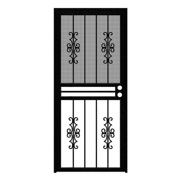 Unique Home Designs 34 in. x 80 in. Watchman Duo Black Recessed Mount All Season Security Door with Insect Screen and Glass Inserts