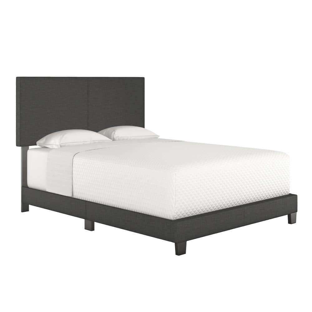 Queen Black Upholstered Linen Platform Bed with Slats
