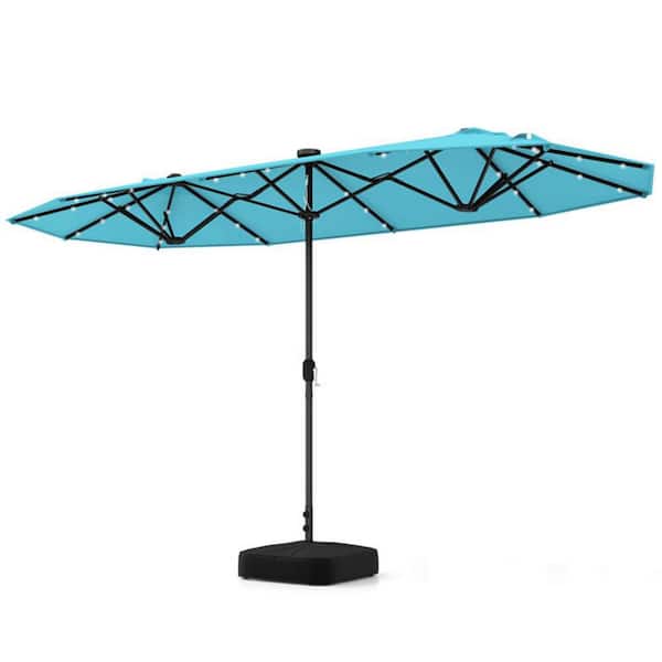 13 ft. Metal Market Patio Umbrella in Turquoise with LED Light and Stand Double Sided Solar Outdoor Umbrella with Crank