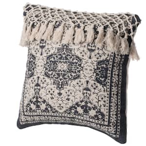 16 in. x 16 in. Navy Handwoven Cotton Throw Pillow Cover with Traditional Pattern and Tasseled Top