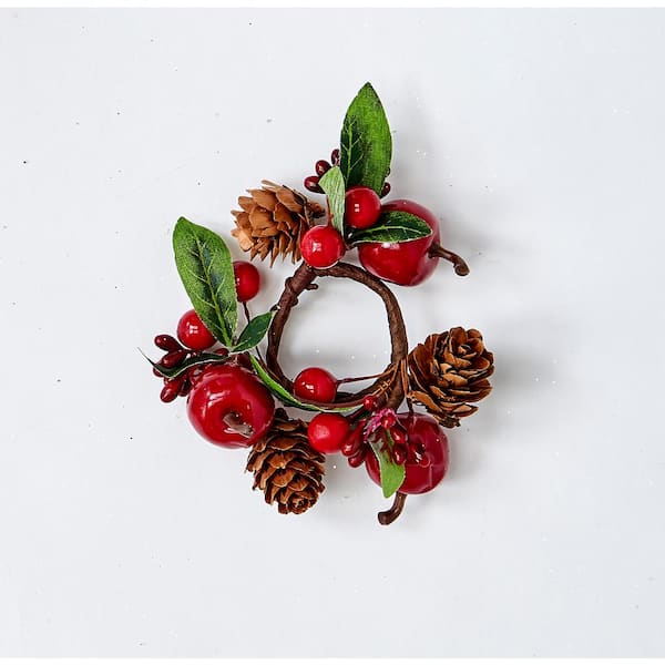 Worth Imports 1.25" GREEN LEAVES, RED APPLES/BERRIES AND PINECONE CANDLE RING (Set of 12)