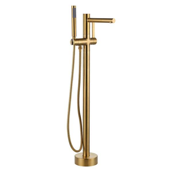 Single Handle Freestanding Tub Faucet with Hand Shower in Brushed Gold
