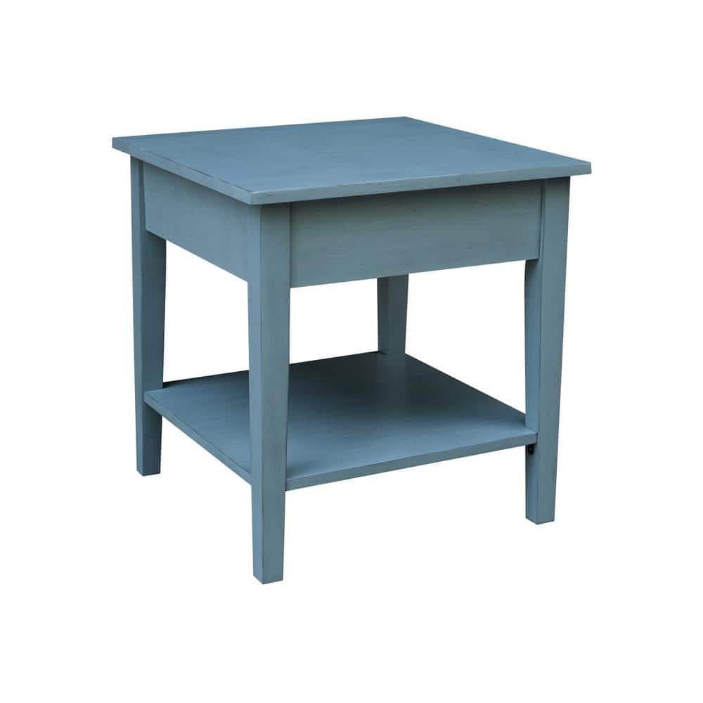 Antique Rubbed Ocean Blue Solid Wood End Table with Storage