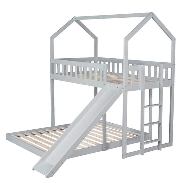 ATHMILE Gray Twin Over Full House Bunk Bed with Slide and Built-in ...