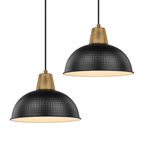 JAZAVA 10.2 in. 1-Light Black Pendant Light Fixtures With Hammered Metal Shade for Kitchen Island (2-Pack)