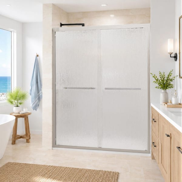 56-60 in. W x 76 in. H Double Sliding Framed Shower Door in Brushed Nickel with 8mm Nano-Coated Easy-Clean Rain Glass