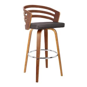 Jayden 26 in. Brown Faux Leather with Walnut Veneer Mid-Century Swivel Counter Height Bar Stool