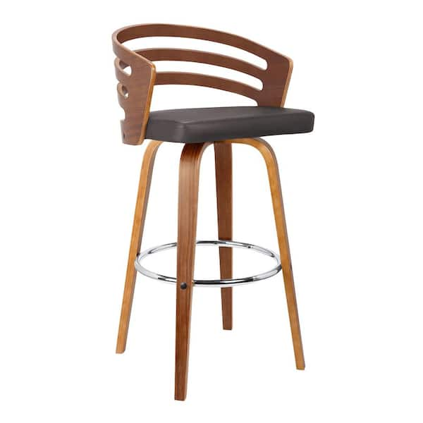 Armen Living Jayden 26 in. Brown Faux Leather with Walnut Veneer Mid-Century Swivel Counter Height Bar Stool