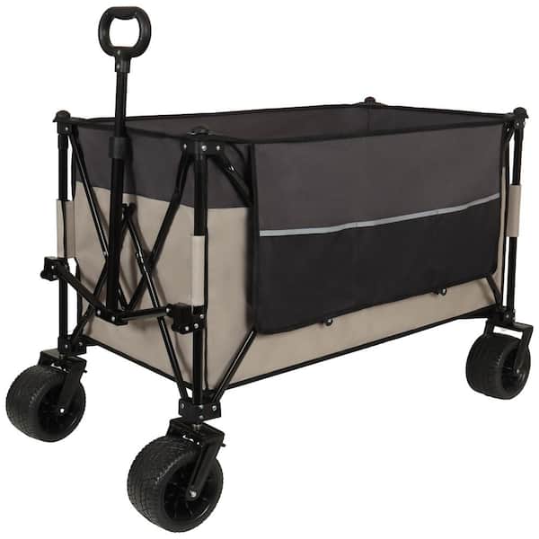 10.6 cu. ft. Steel Frame Gray and Khaki Fabric Folding Utility Garden Cart-All-Terrain Wheels, Brake & Accessory Pockets