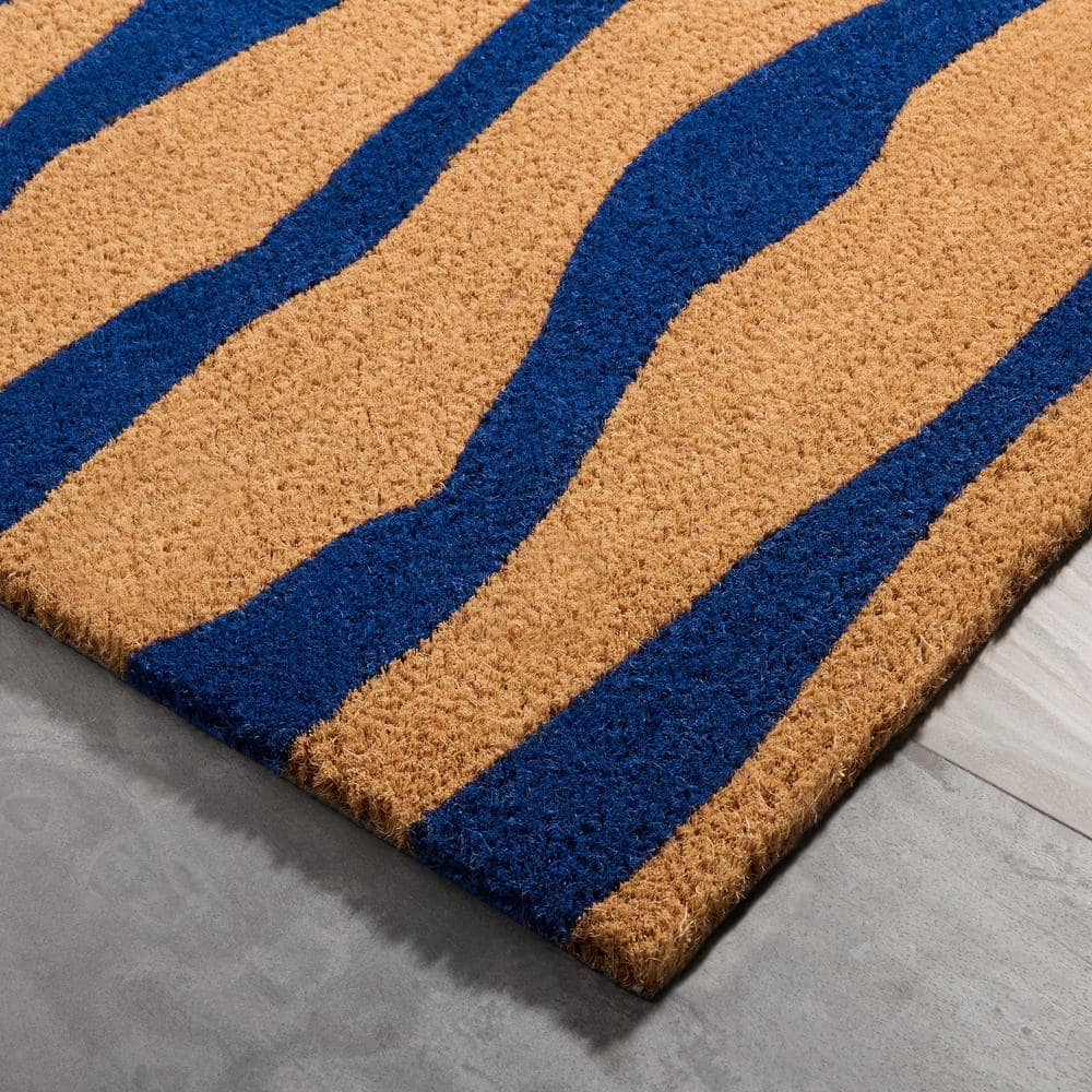 Blue and Natural Coir Abstract Mountain Outdoor Door Mat, 24"x36"