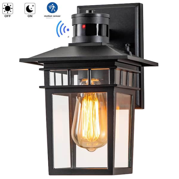C Cattleya 1-Light Matte Black Motion Sensing Dusk to Dawn Not-Solar Outdoor Wall Lantern Sconce with Clear Tempered Glass