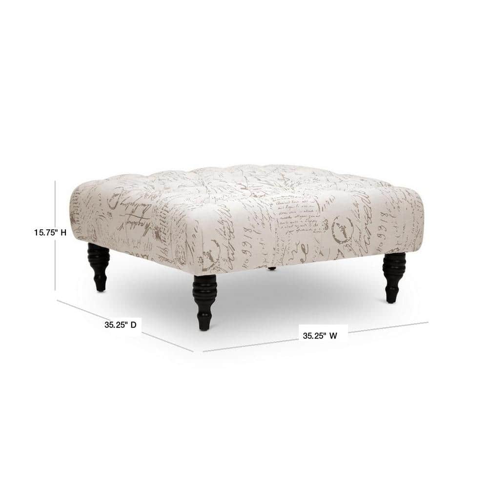 Keswick 35" Tufted Beige Script Print Ottoman with Wood Legs