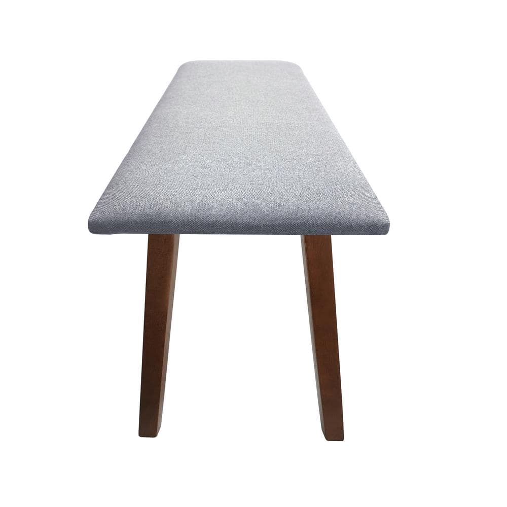 Gray Upholstered Walnut Wood Mid-Century Dining Bench