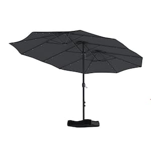 15 ft. Steel Patio Double-Side Market Umbrella with Base and Solar Light with Base in Dark Gray