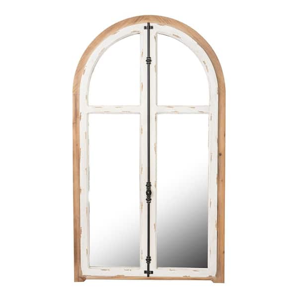 Unbranded 27.6 in. W x 48 in. H Brown and White Wood Framed Arched Wall Mirror with Decorative Window Look for Living Room