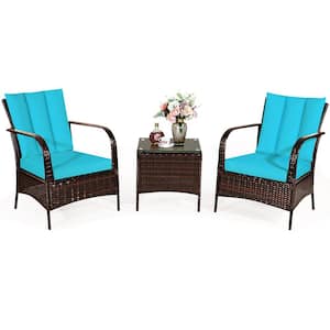 3-Piece Rattan Patio Conversation Set Outdoor Furniture Set with Turquoise Cushions