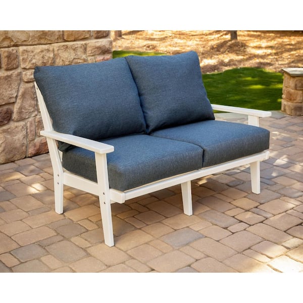 POLYWOOD Grant Park White Deep Seating Plastic Outdoor Loveseat with Stone Blue Cushions