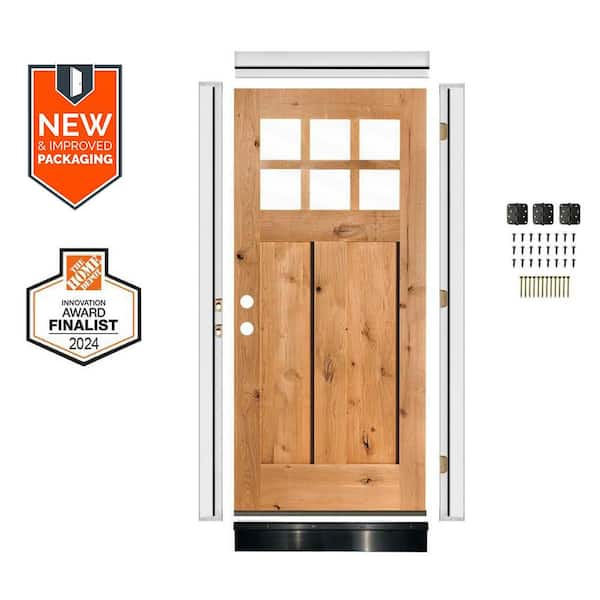 DIY 32 in. x 80 in. Knotty Alder Right-Hand 6 Lite Clear Glass Clear Stain Wood Front Door Kit w/ Quick Assemble Jamb