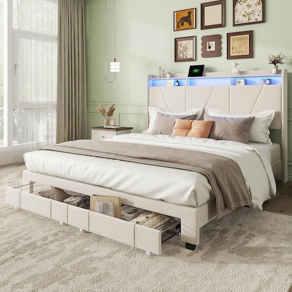 Susalt Beige Metal Frame Queen Platform Bed with Smart Charging Station,LED Lights,Storage Drawers,Velvet Geometric Headboard