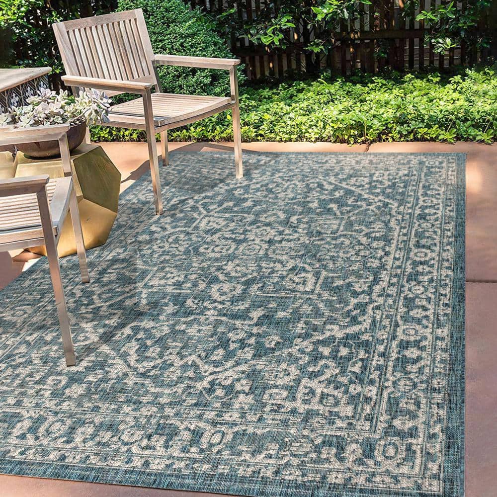 Teal and Gray Synthetic Medallion 8' x 10' Area Rug