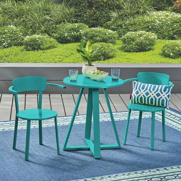 Noble House Matias Matte Teal 3-Piece Metal Round Outdoor Patio Bistro Set