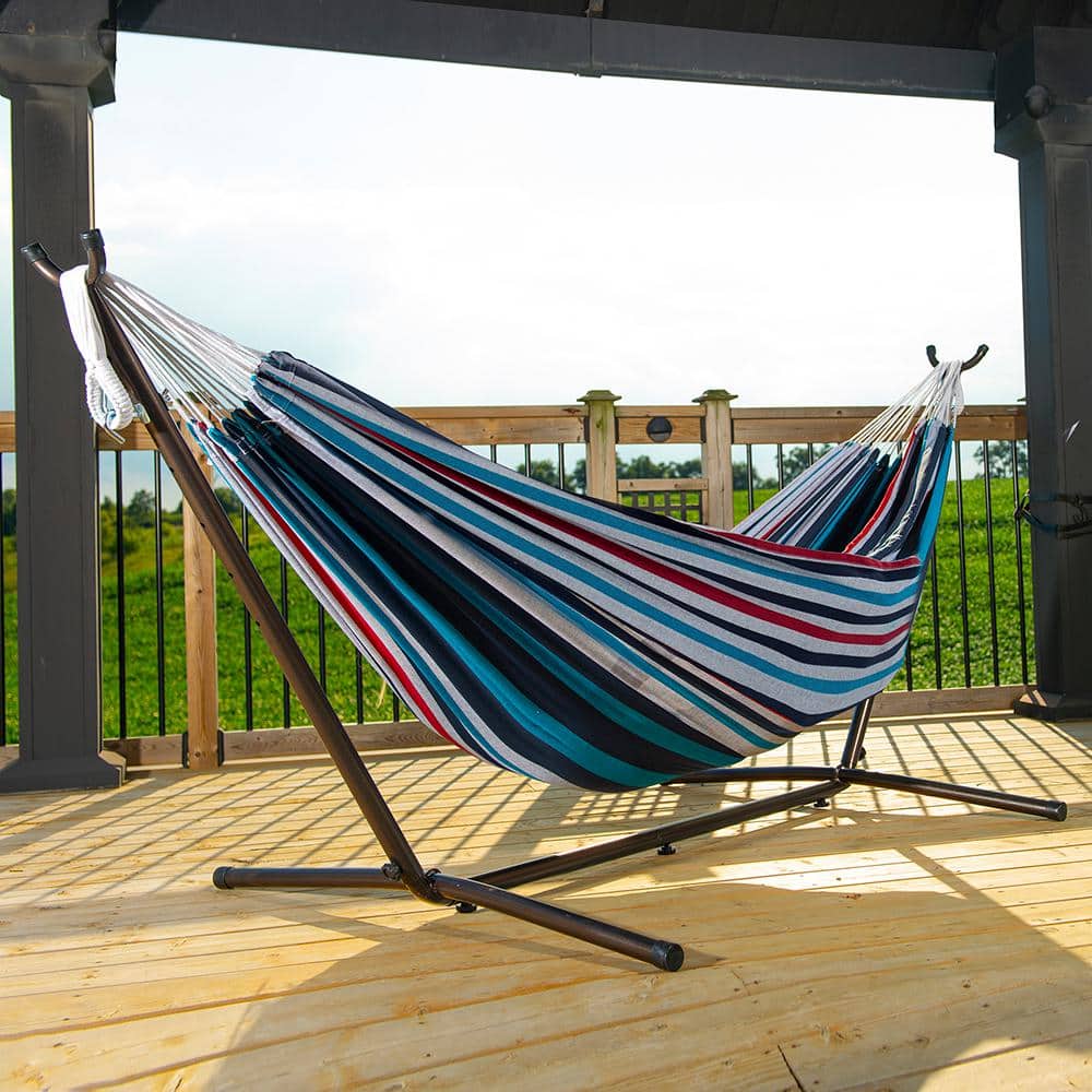 Denim Striped Cotton Double Hammock with Steel Stand