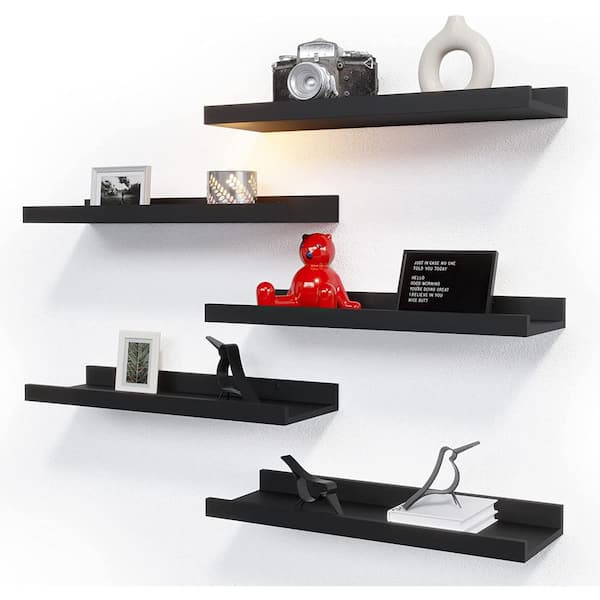 Cubilan 15.6 in. W x 5.1 in. D Black Wood Decorative Wall Shelf Floating Wall Mounted Shelves, Set of 5