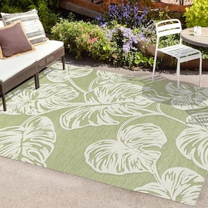 Light Green/Ivory 4 ft. x 6 ft. Tobago Approximate Rug Size High-Low 2-Tone Monstera Leaf Light Indoor/Outdoor Area Rug