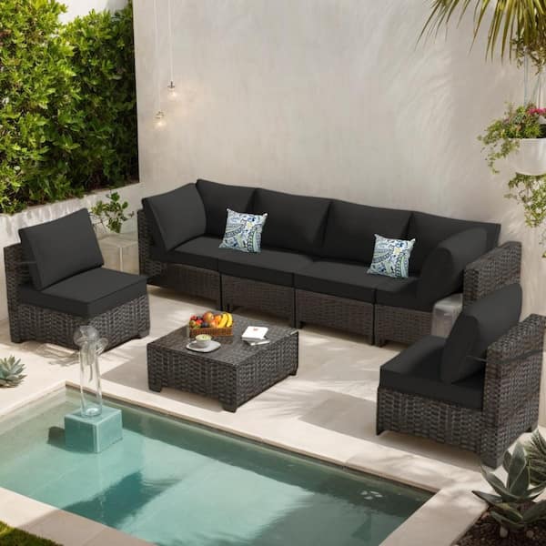 Brown Rattan Dark Gray Fabric Outdoor 7-piece Patio Coversation set with Coffee Table and Cushion Waterproof