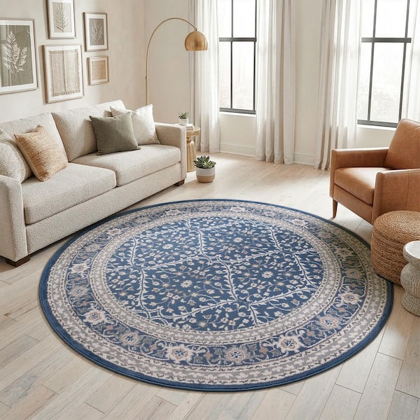 Madison Oriental Navy 6 ft. Round Indoor Area Rug