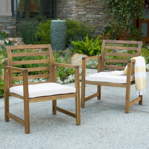 Unbranded Set of 2 Acacia Wood Outdoor Club Chairs with Cushions for Backyard Poolside Patio Natural/White