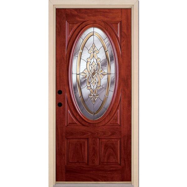 Feather River Doors 37.5 in. x 81.625 in. Silverdale Zinc 3/4 Oval Lite Stained Cherry Mahogany Right-Hand Fiberglass Prehung Front Door