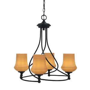 Royale 4-Light Matte Black Chandelier, Round Chandelier with 5.5 in. Zilo Cayenne Linen Glass Shades, No bulbs included