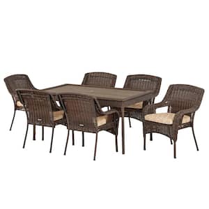 Cambridge 7-Piece Brown Wicker Outdoor Patio Dining Set with CushionGuard Toffee Trellis Tan Cushions