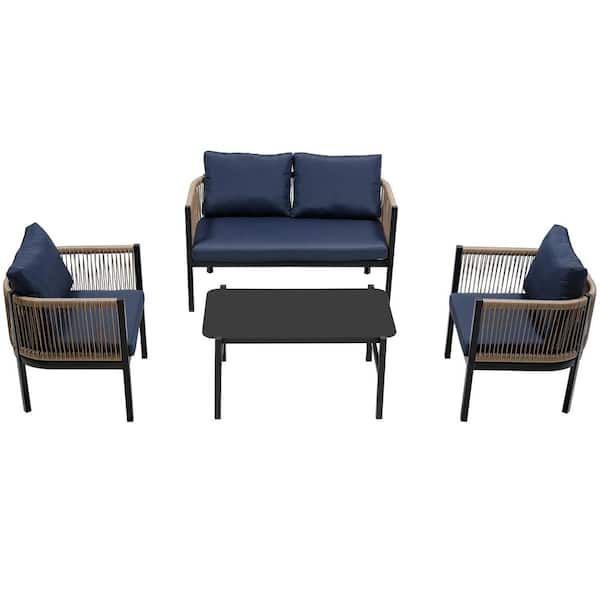 4-Piece Wicker Outdoor Sectional Set with Blue CushionGuard Tan Cushions