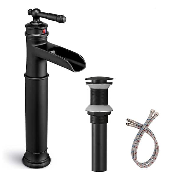 Single Handle Waterfall Bathroom Vessel Sink Faucet in Matte Black with Pop-Up Drain and Supply Water Hoses