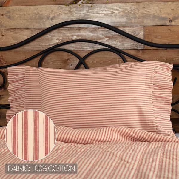 VHC BRANDS Sawyer Mill Red Farmhouse Ticking Stripe Ruffled Cotton