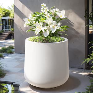 Lightweight 15.5in. x 17.5in. Crisp White Extra Large Tall Round Concrete Plant Pot / Planter for Indoor & Outdoor